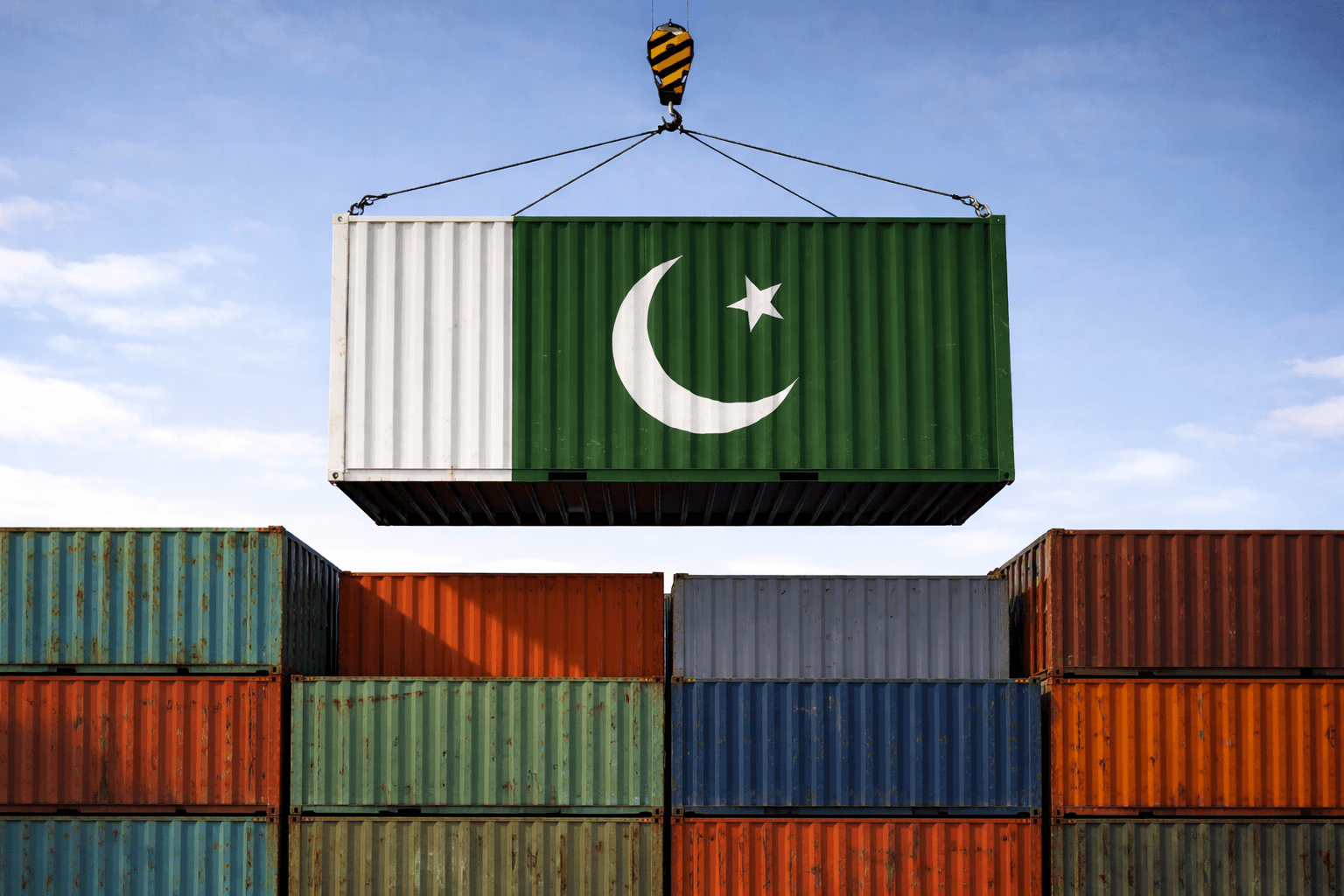 Shipping containers with Pakistan flag container